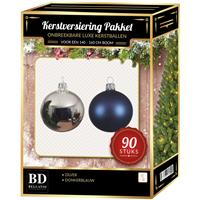 Bellatio Kerstballen set kunststof 90-delig voor 150cm zilver/donkerblauw -