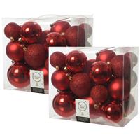 Decoris 52x stuks kunststof kerstballen rood 6-8-10 cm glans/mat/glitter -