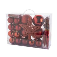 Cosy & Trendy Pakket met 53x stuks kunststof kerstballen en kerstornamenten met ster piek rood -