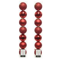 Decoris 14x stuks kunststof kerstballen rode 8 cm glans/mat/glitter -