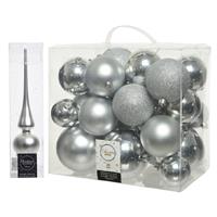 Decoris Kerstversiering kunststof kerstballen met piek zilver 6-8-10 cm pakket van 27x stuks -