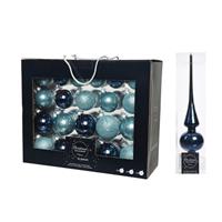 Decoris 42x stuks glazen kerstballen ijsblauw (blue dawn)/donkerblauw 5-6-7 cm inclusief donkerblauwe piek -