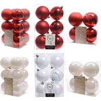 Decoris Kerstversiering kunststof kerstballen mix rood/parelmoer wit 6-8-10 cm pakket van 44x stuks -
