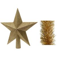 Decoris Kerstversiering kunststof glitter ster piek 19 cm en folieslingers pakket goud van 3x stuks -
