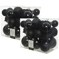 Decoris 52x stuks kunststof kerstballen zwart 6-8-10 cm glans/mat/glitter -