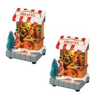 Bellatio 2x stuks kerstdorp kersthuisjes kransen winkeltjes met verlichting 8 x 11 cm -