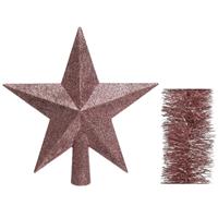 Decoris Kerstversiering kunststof glitter ster piek 19 cm en folieslingers pakket oud roze van 3x stuks -