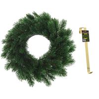 Kunst kerstkrans groen 35 cm met gouden hanger -