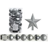 Decoris Kerstversiering kunststof kerstballen met piek zilver 4-5-6-8 cm pakket van 38x stuks -