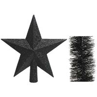 Decoris Kerstversiering kunststof glitter ster piek 19 cm en folieslingers pakket zwart van 3x stuks -