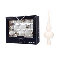 Decoris 42x stuks glazen kerstballen wit/zilver 5-6-7 cm inclusief witte piek -