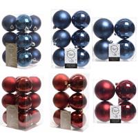 Decoris Kerstversiering kunststof kerstballen mix donkerblauw/donkerrood 6-8-10 cm pakket van 44x stuks -