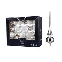 Decoris 42x stuks glazen kerstballen wit/zilver 5-6-7 cm inclusief zilveren piek -