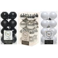 Bellatio 48x Stuks kunststof kerstballen mix zwart/zilver/wit 4 cm -