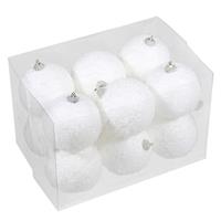Bellatio 12x Kleine kunststof kerstballen met sneeuw effect wit 8 cm -