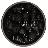 Bellatio 37x stuks kunststof kerstballen zwart 6 cm glans/mat/glitter mix -
