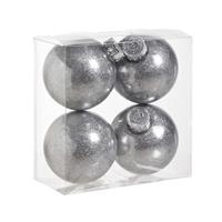 Cosy & Trendy 4x stuks kunststof kerstballen met glitter afwerking zilver 8 cm -