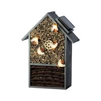 Lumineo Grijsgroen insectenhotel huisje met solar lampjes 31 cm -