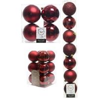 Decoris Kerstversiering kunststof kerstballen donkerrood 6-8-10 cm pakket van 46x stuks -