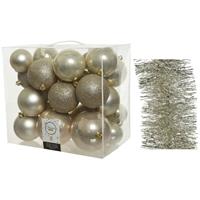 Decoris Kerstversiering kerstballen 6-8-10 cm met folieslingers pakket parel/champagne van 28x stuks -