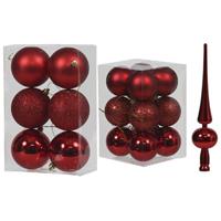 Bellatio Kerstversiering kunststof kerstballen met piek rood 6 en 8 cm pakket van 37x stuks -