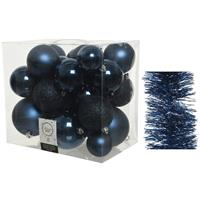 Decoris Kerstversiering kunststof kerstballen 6-8-10 cm met folieslingers pakket donkerblauw van 28x stuks -