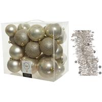 Decoris Kerstversiering kerstballen 6-8-10 cm met sterren folieslingers pakket parel/champagne van 28x stuks -
