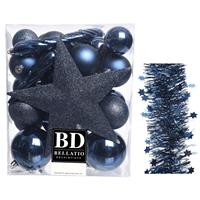 Decoris Kerstversiering kerstballen 5-6-8 cm met ster piek en sterren slingers pakket donkerblauw 35x stuks -