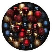 Bellatio 42x Stuks kunststof kerstballen mix donkerrood/goud/donkerblauw 3 cm -