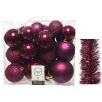 Decoris Kerstversiering kunststof kerstballen 6-8-10 cm met folieslingers pakket framboos roze van 28x stuks -