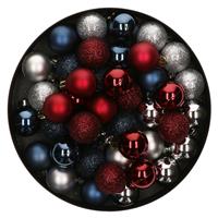 Bellatio 42x Stuks kunststof kerstballen mix donkerrood/zilver/donkerblauw 3 cm -
