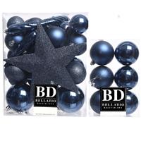 Bellatio 39x stuks kunststof kerstballen met ster piek donkerblauw mix -