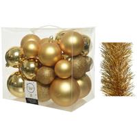 Decoris Kerstversiering kunststof kerstballen 6-8-10 cm met folieslingers pakket goud van 28x stuks -