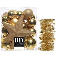 Decoris Kerstversiering kerstballen 5-6-8 cm met ster piek en sterren slingers pakket goud van 35x stuks -