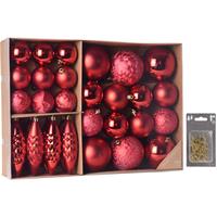 Bellatio Kerstballen/ornamenten pakket 31x rood kunststof mix incl. 50x ophanghaakjes -