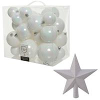 Decoris Kerstversiering kunststof kerstballen met piek parelmoer wit 6-8-10 cm pakket van 27x stuks -