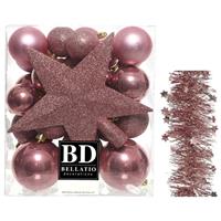 Decoris Kerstversiering kerstballen 5-6-8 cm met ster piek en sterren slingers pakket oud roze van 35x stuks -