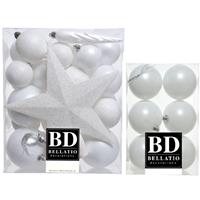 Bellatio 39x stuks kunststof kerstballen met ster piek wit mix -