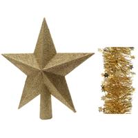 Decoris Kerstversiering kunststof glitter ster piek 19 cm en sterren folieslingers pakket goud van 3x stuks -