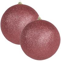 Bellatio 2x Grote koraal rode kerstballen met glitter kunststof 18 cm -