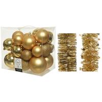 Decoris Kerstversiering kunststof kerstballen 6-8-10 cm met folieslingers pakket goud van 28x stuks -