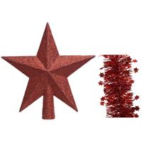 Decoris Kerstversiering kunststof glitter ster piek 19 cm en sterren folieslingers pakket rood van 3x stuks -