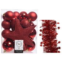 Decoris Kerstversiering kerstballen 5-6-8 cm met ster piek en sterren slingers pakket rood van 35x stuks -