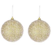 Mica Decorations 2x Gouden kunststof kerstballen met witte sneeuw afwerking 8 cm -