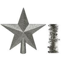 Decoris Kerstversiering kunststof glitter ster piek 19 cm en sterren slingers pakket antraciet van 3x stuks -