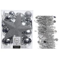Decoris Kerstversiering kerstballen 5-6-8 cm met ster piek en sterren slingers pakket zilver van 35x stuks -