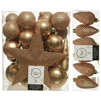 Decoris Kerstversiering kunststof kerstballen met piek camel bruin 5-6-8 cm pakket van 39x stuks -