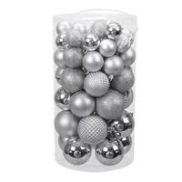 Bellatio Tube 60x zilveren kunststof kerstballen 4 -7 cm glans/mat/bewerk -