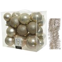 Decoris Kerstversiering kerstballen 6-8-10 cm met folieslingers pakket parel/champagne van 28x stuks -