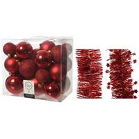 Decoris Kerstversiering kunststof kerstballen 6-8-10 cm met folieslingers pakket rood van 28x stuks -